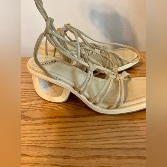 VTG y2k Bamboo Cut Out Heels Wrap Tie Sandal Wedge Wood Suede 7 2000 90s Chunk - Picture 11 of 12